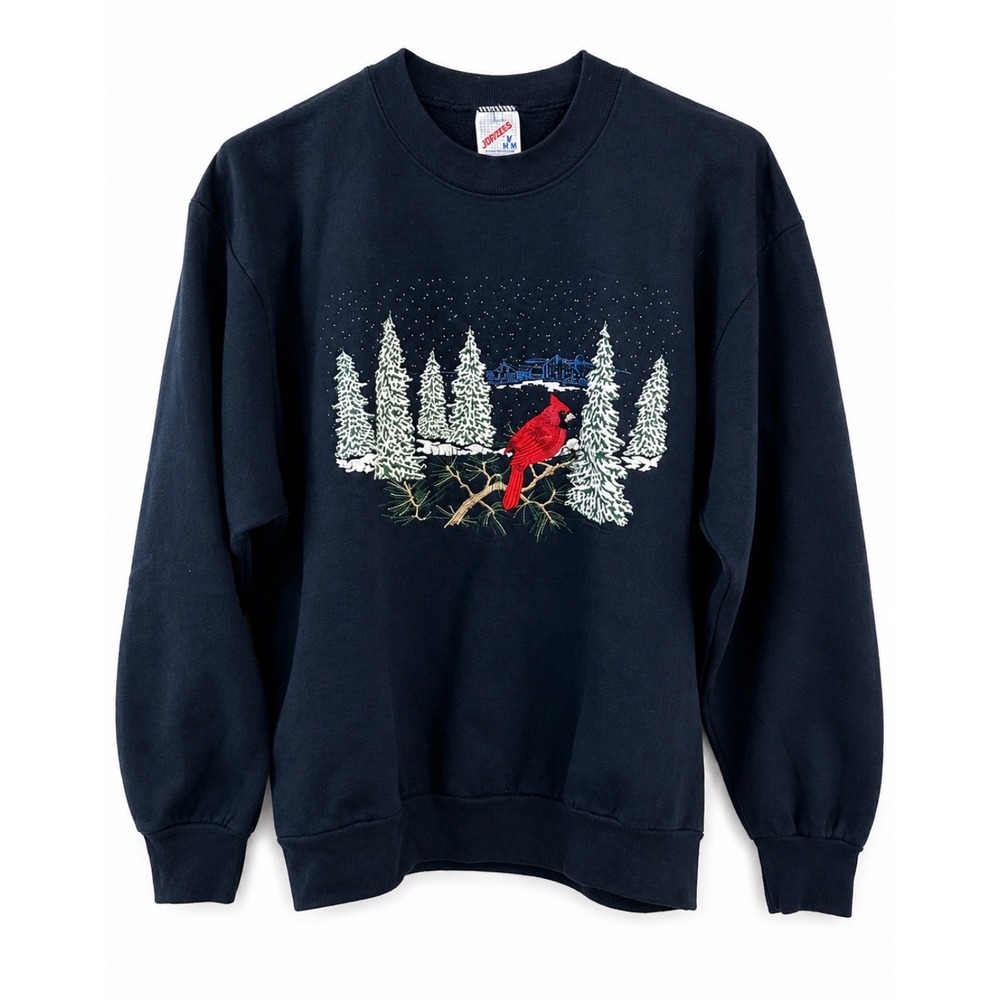 Vintage 1996 Cardinal Winter Scene Navy Blue Sweatshirt USA Made Medium